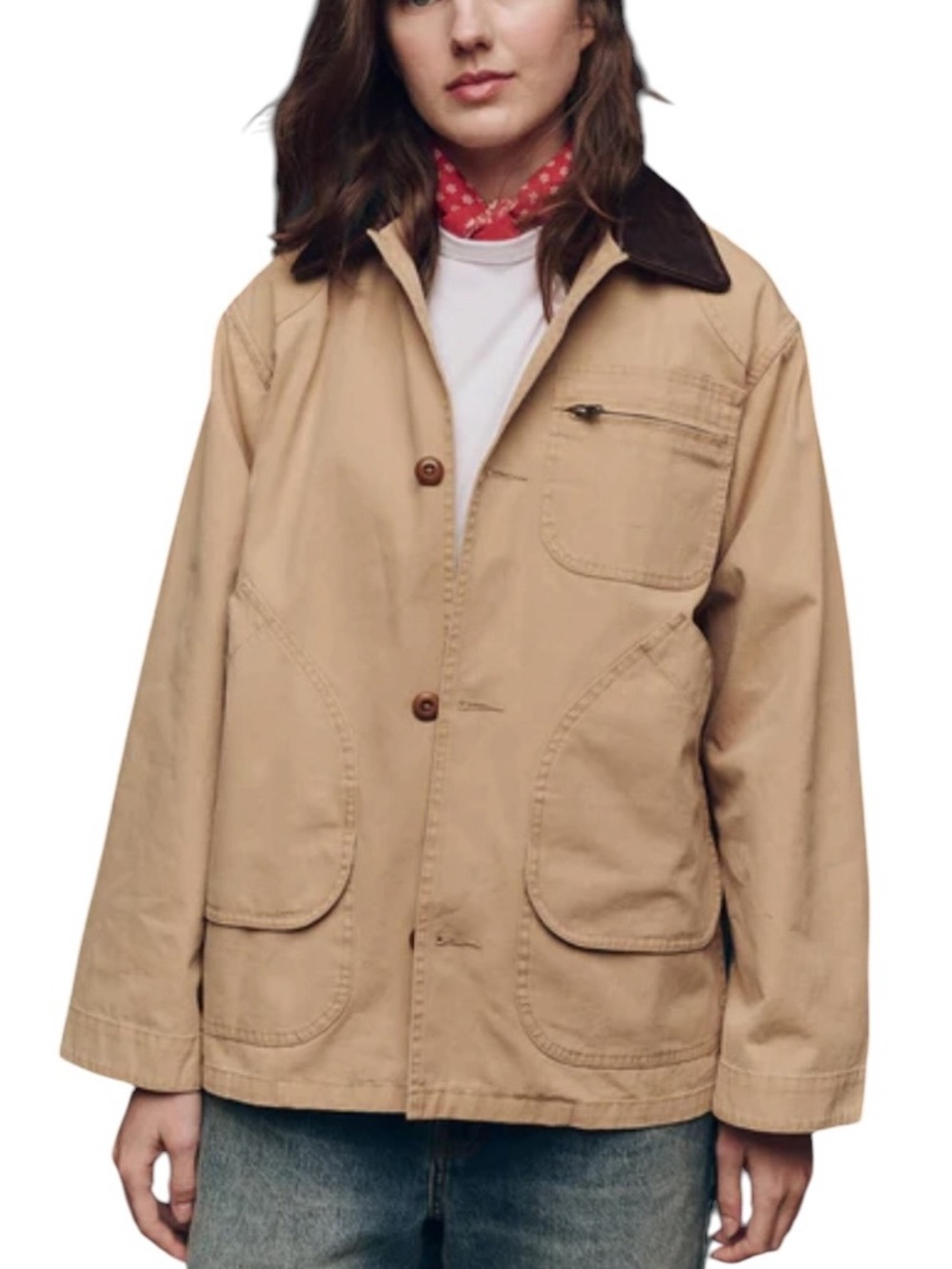 THE GREAT. Tan Barn Jacket with Dark Brown leather Collar excellent condition - Picture 2 of 15